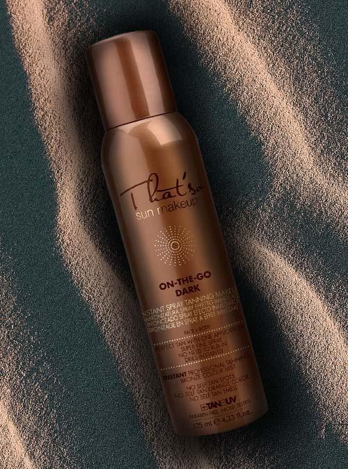 On-The-Go Dark tanning spray by That’s So Sun Make-Up, featuring a sleek bottle design with a bronzing formula for instant and lasting tan.