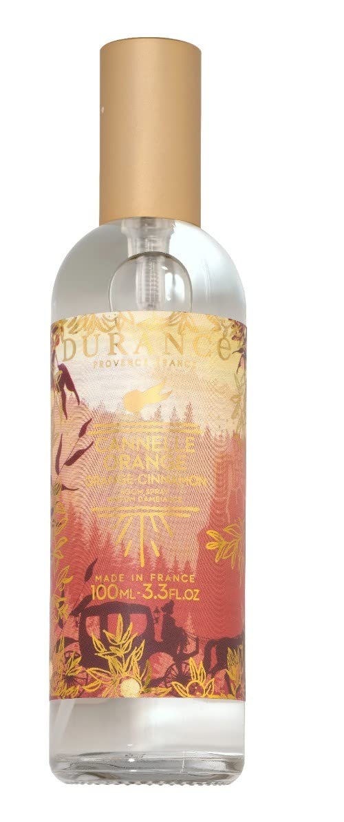 Durance Provence France Orange Cinnamon Room Spray bottle with a vibrant orange and cinnamon design.