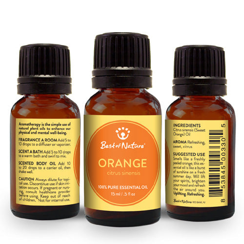 A bottle of 100% pure Orange Essential Oil with an orange fruit in the background, showcasing its vibrant color and natural essence.