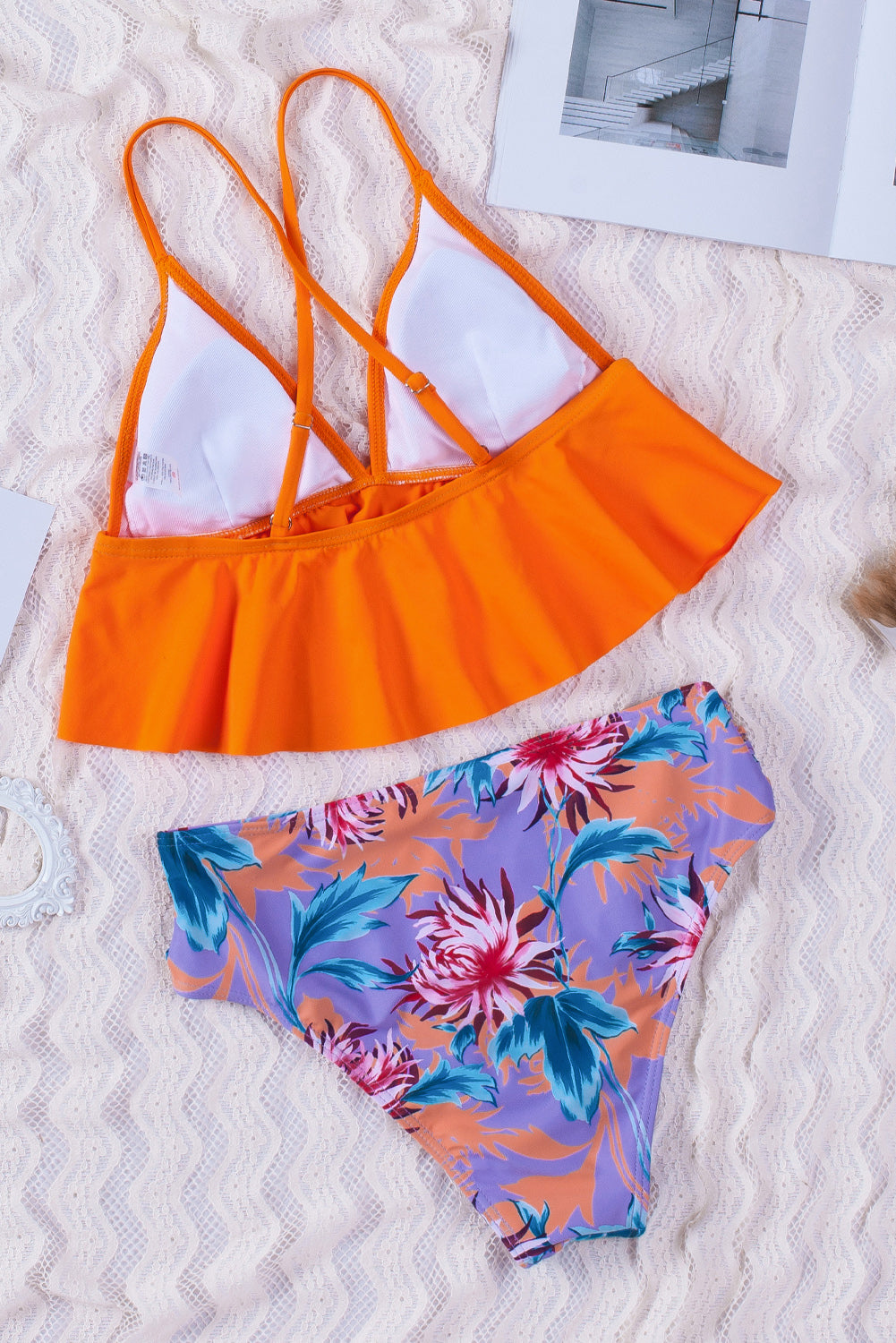 Orange Floral Frill Bikini Set featuring a ruffled hem bikini top and floral swim panty, perfect for summer beach outings.