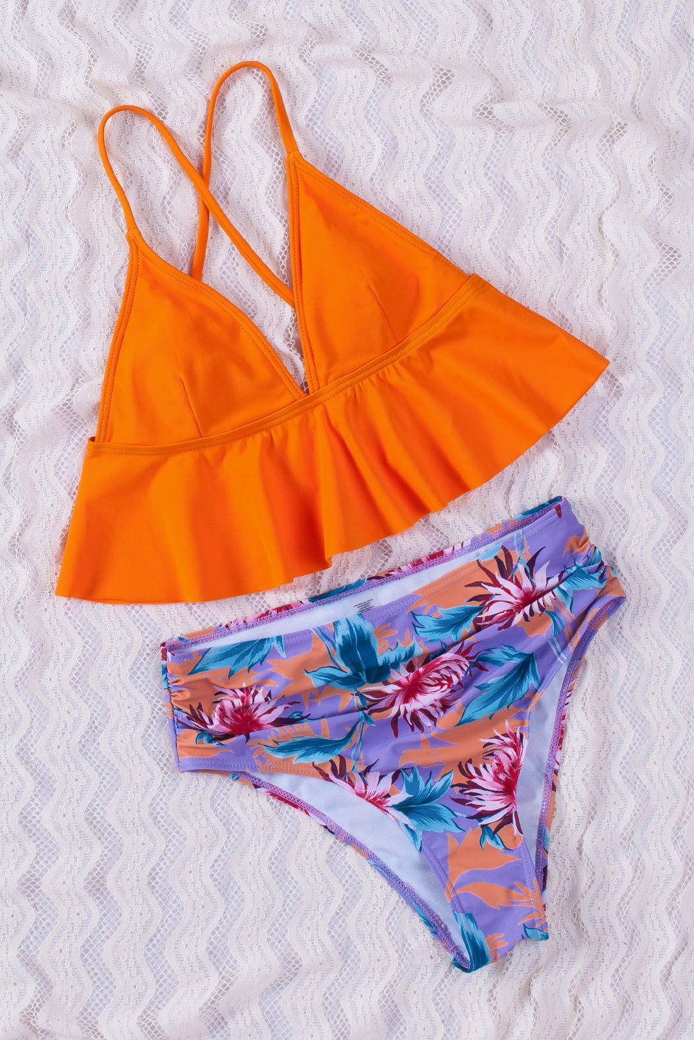 Orange Floral Frill Bikini Set featuring a ruffled hem bikini top and floral swim panty, perfect for summer beach outings.