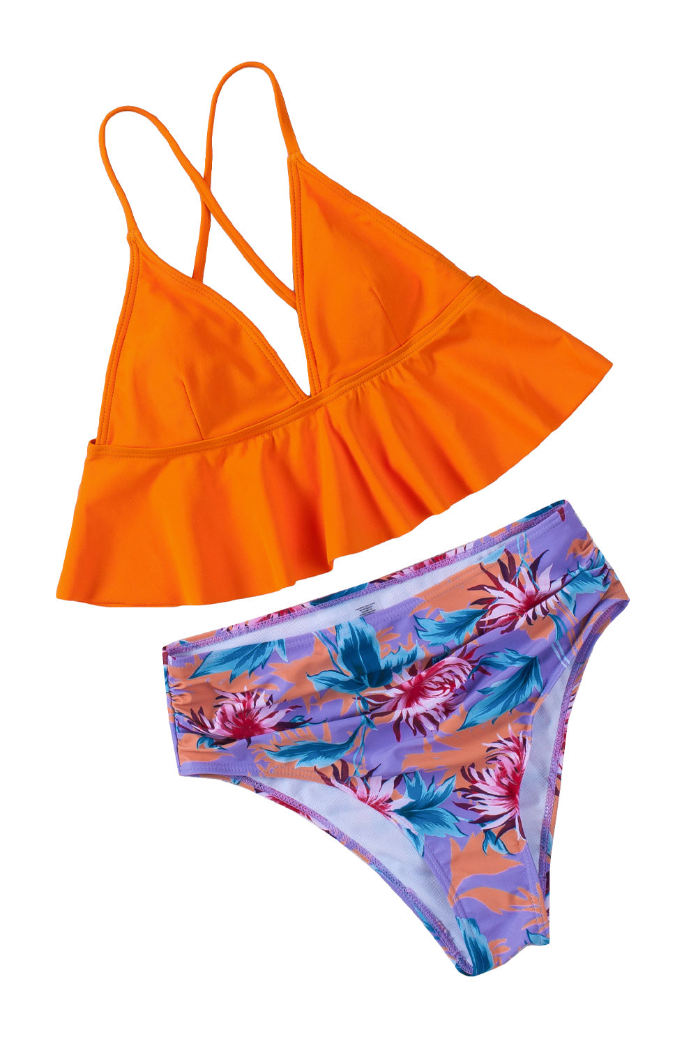 Orange Floral Frill Bikini Set featuring a ruffled hem bikini top and floral swim panty, perfect for summer beach outings.