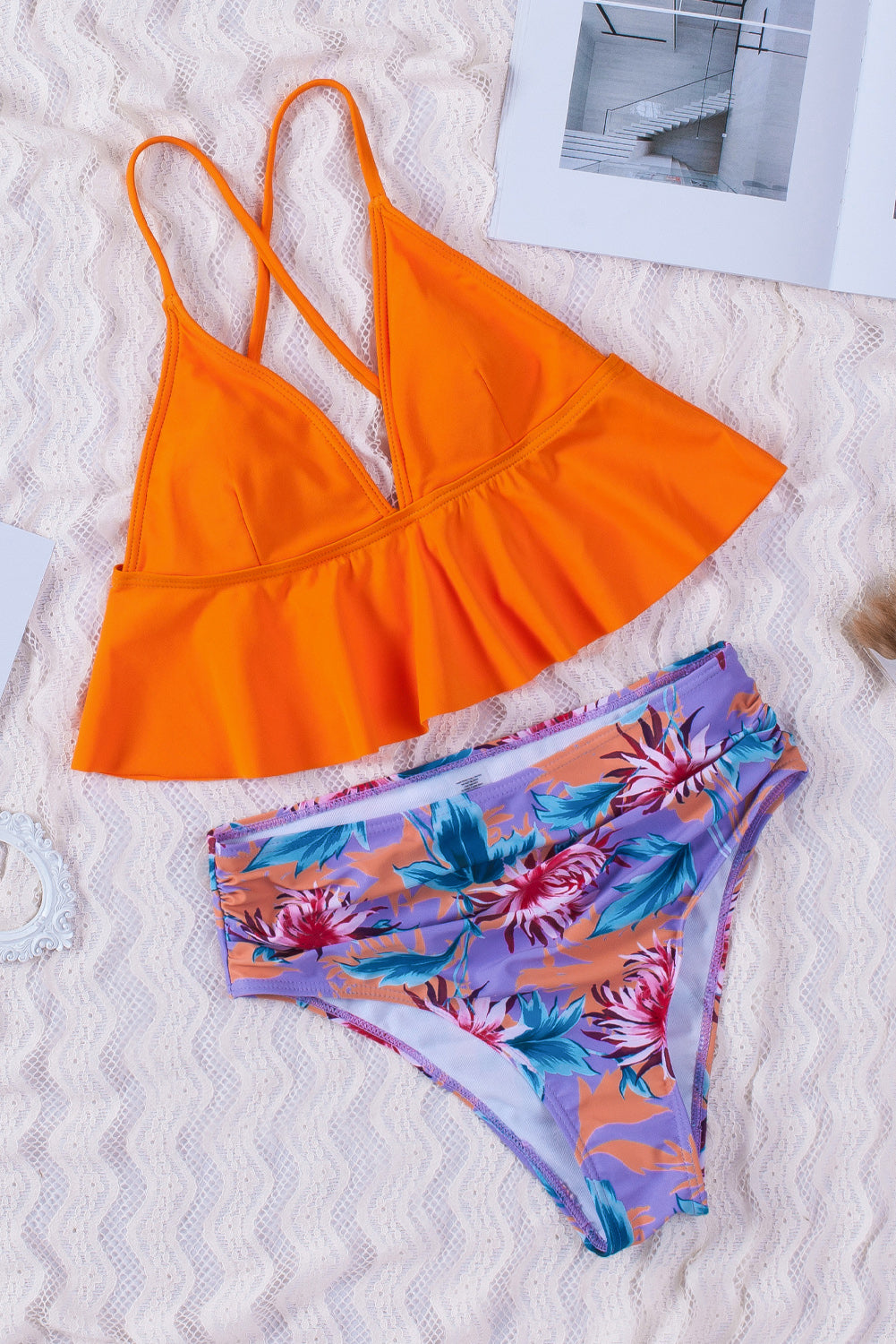 Orange Floral Frill Bikini Set featuring a ruffled hem bikini top and floral swim panty, perfect for summer beach outings.