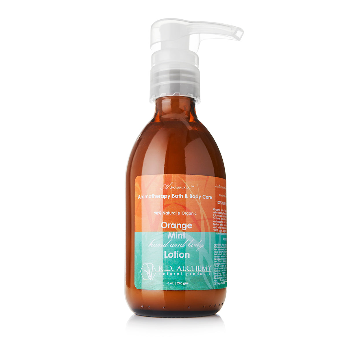 A bottle of Orange Mint Hand & Body Lotion with a refreshing scent, designed for hydration and healing of dry skin.