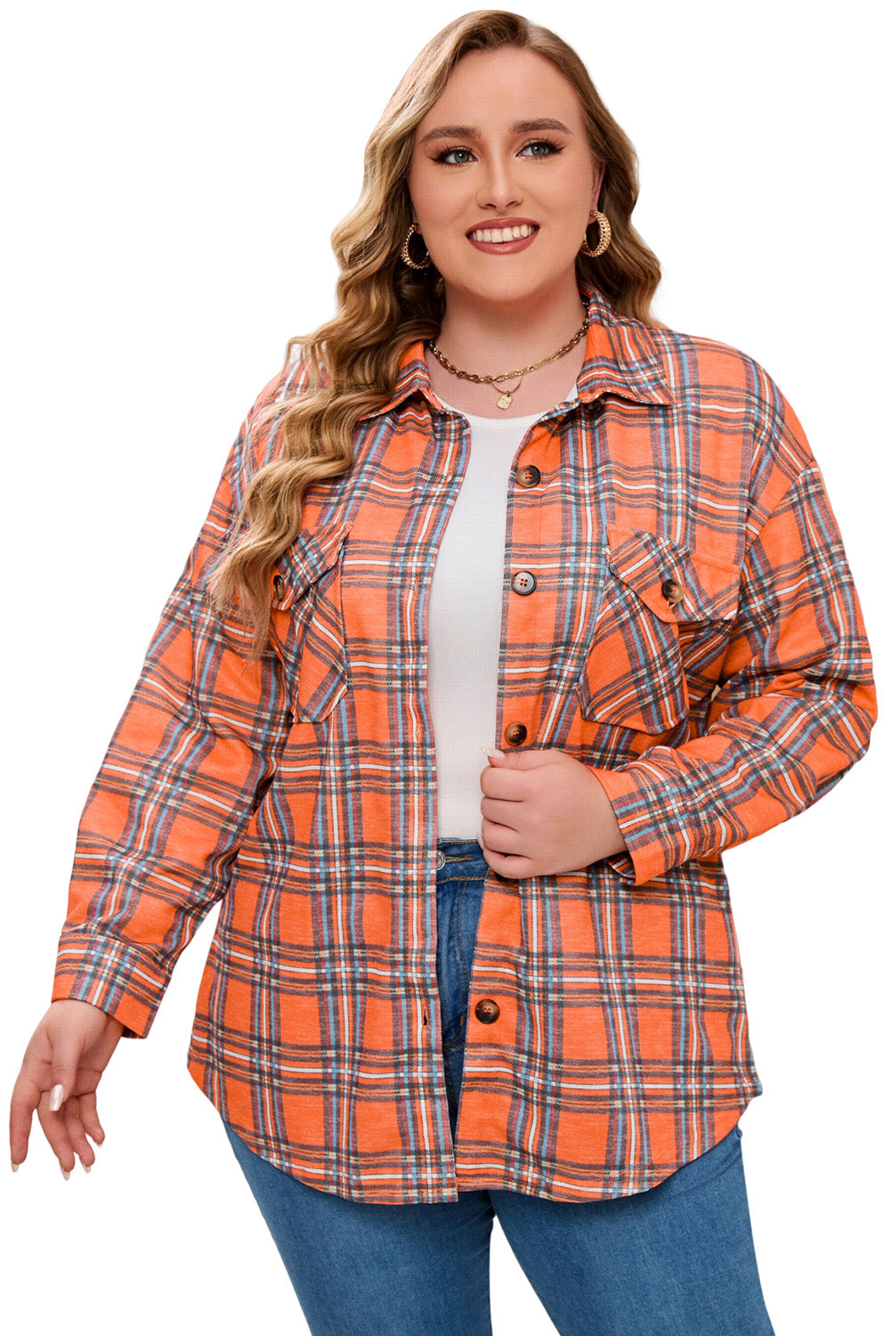 Orange plus size plaid long sleeve shirt with chest pockets and button-up front, perfect for casual wear.