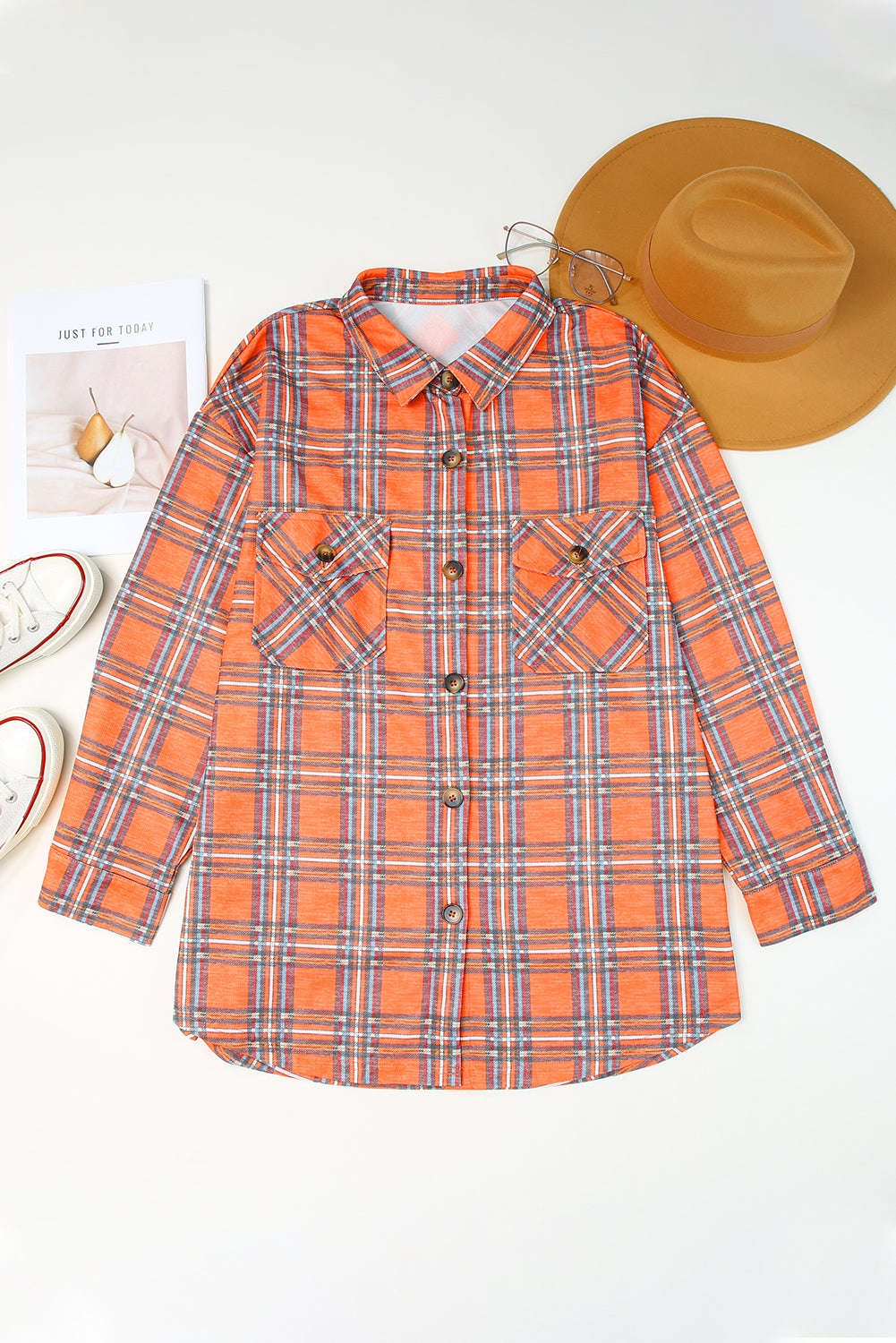 Orange plus size plaid long sleeve shirt with chest pockets and button-up front, perfect for casual wear.