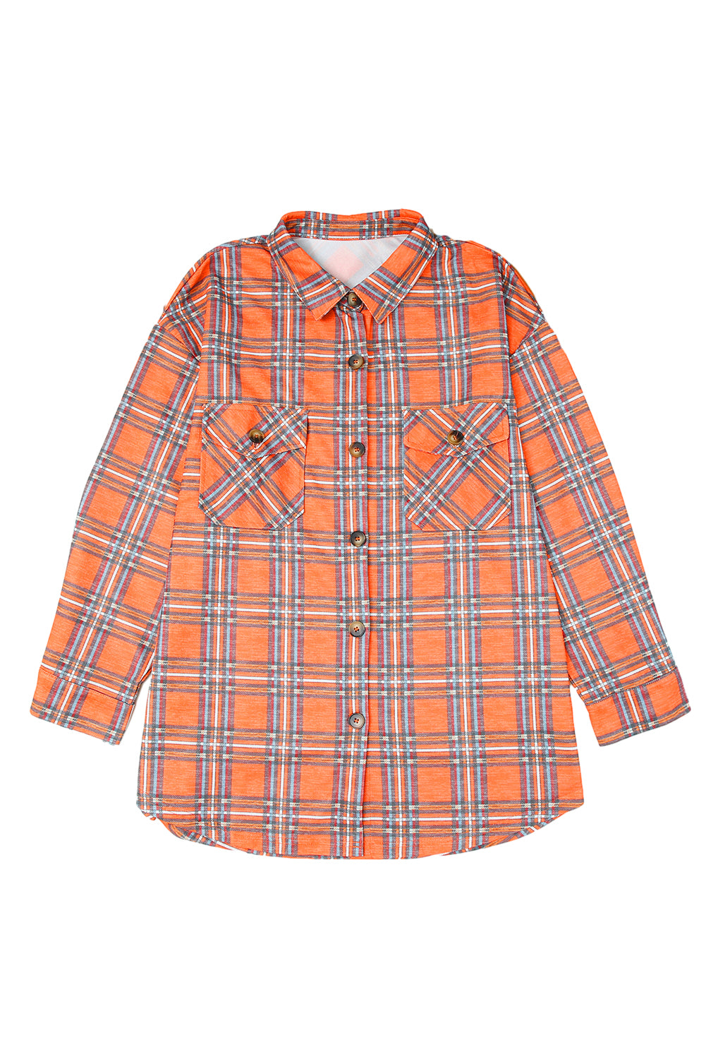 Orange plus size plaid long sleeve shirt with chest pockets and button-up front, perfect for casual wear.