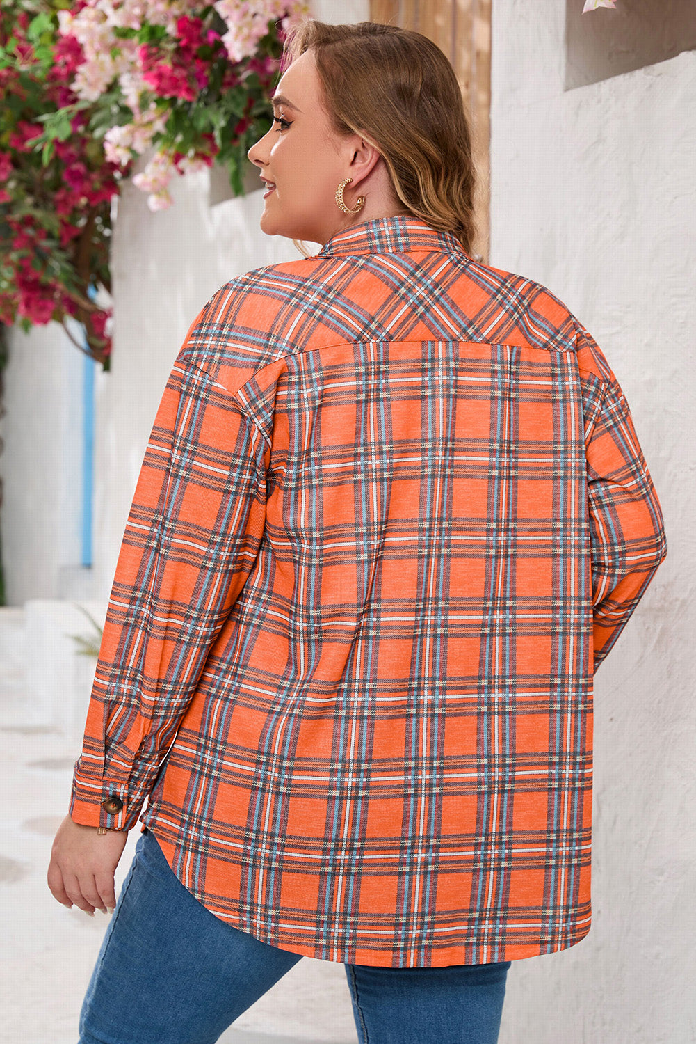 Orange plus size plaid long sleeve shirt with chest pockets and button-up front, perfect for casual wear.