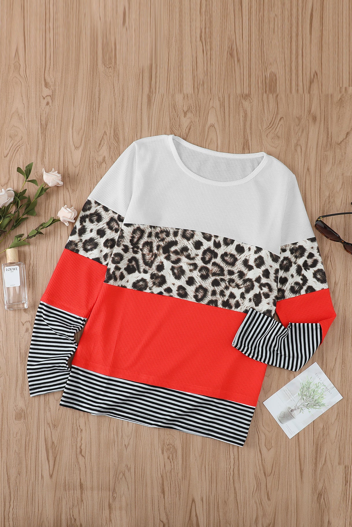 Orange Stripes Leopard Splicing Colorblock Long Sleeve Top featuring trendy color blocking and leopard print accents.