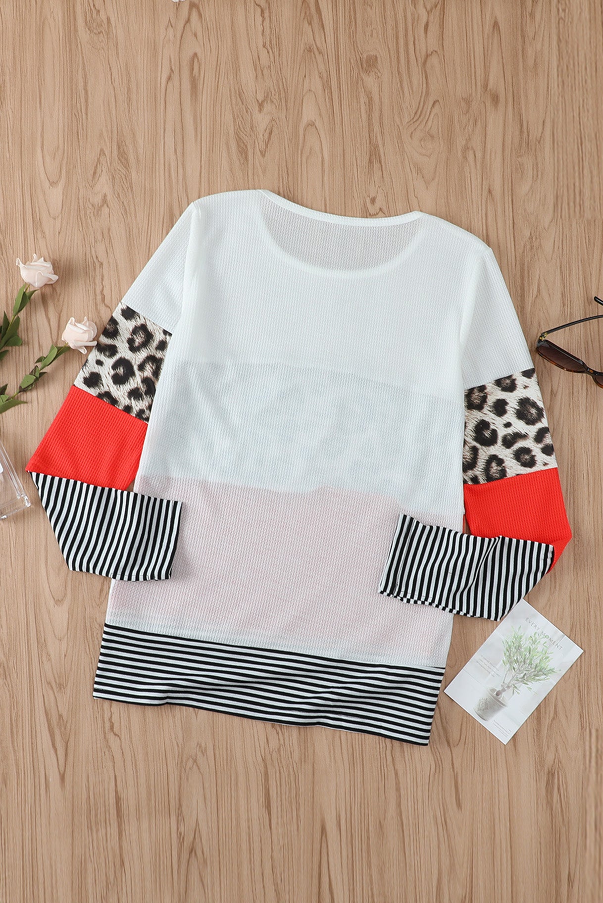 Orange Stripes Leopard Splicing Colorblock Long Sleeve Top featuring trendy color blocking and leopard print accents.