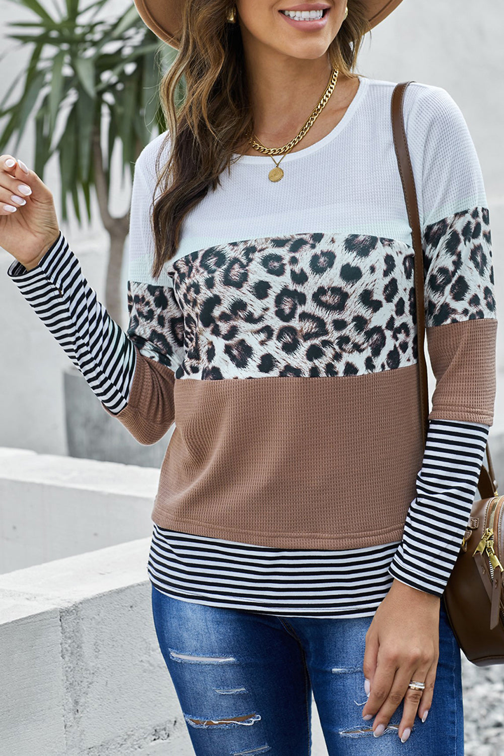 Orange Stripes Leopard Splicing Colorblock Long Sleeve Top featuring trendy color blocking and leopard print accents.