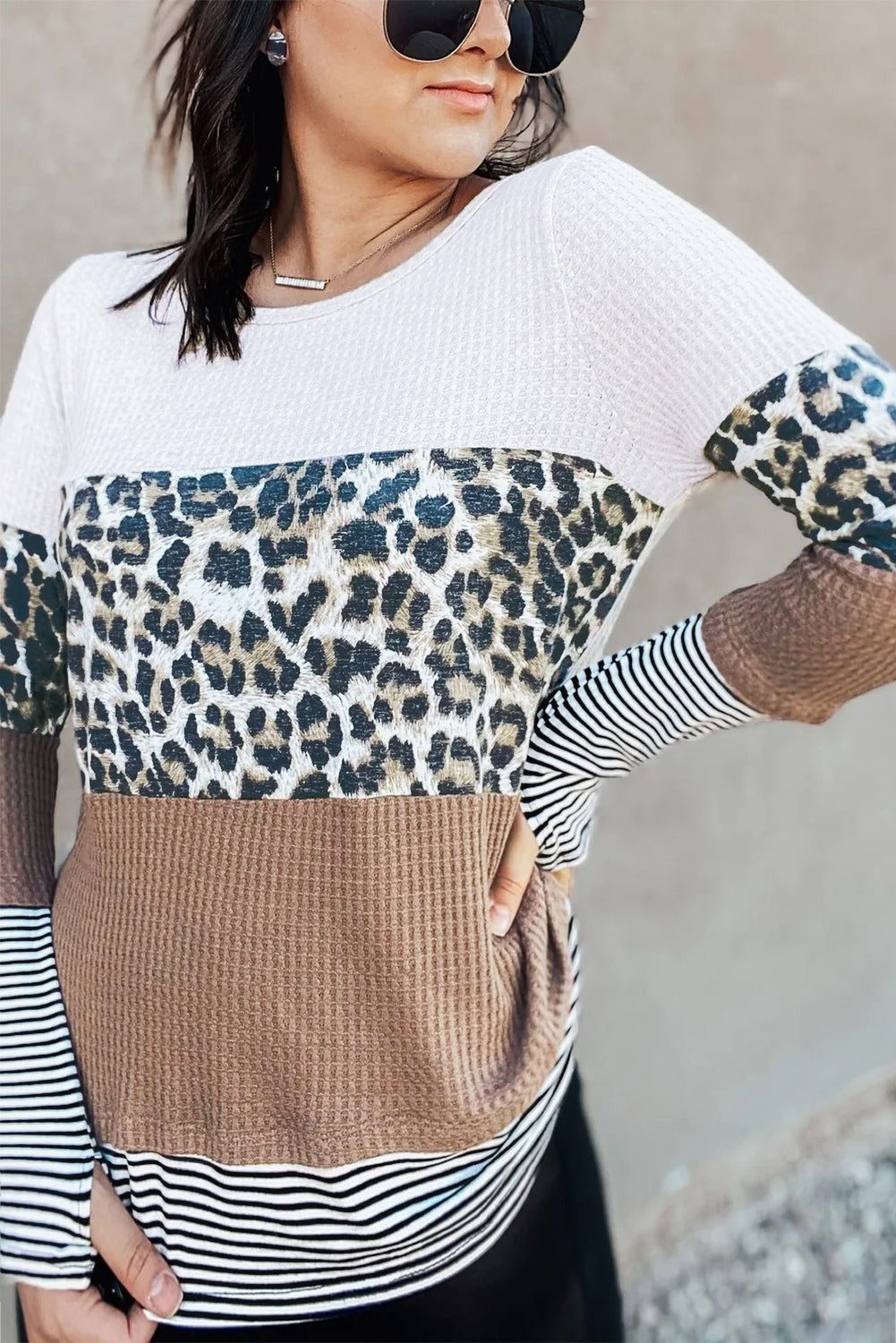 Orange Stripes Leopard Splicing Colorblock Long Sleeve Top featuring trendy color blocking and leopard print accents.