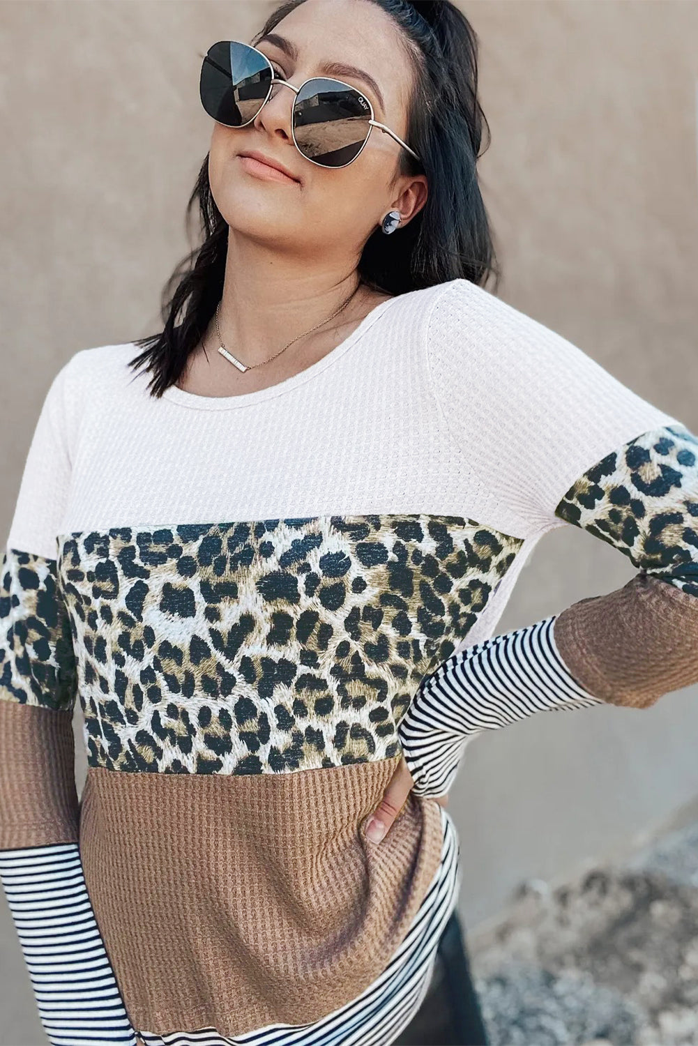 Orange Stripes Leopard Splicing Colorblock Long Sleeve Top featuring trendy color blocking and leopard print accents.