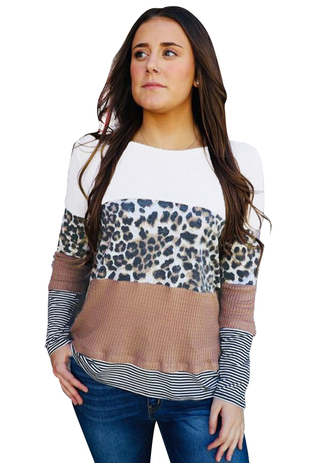 Orange Stripes Leopard Splicing Colorblock Long Sleeve Top featuring trendy color blocking and leopard print accents.