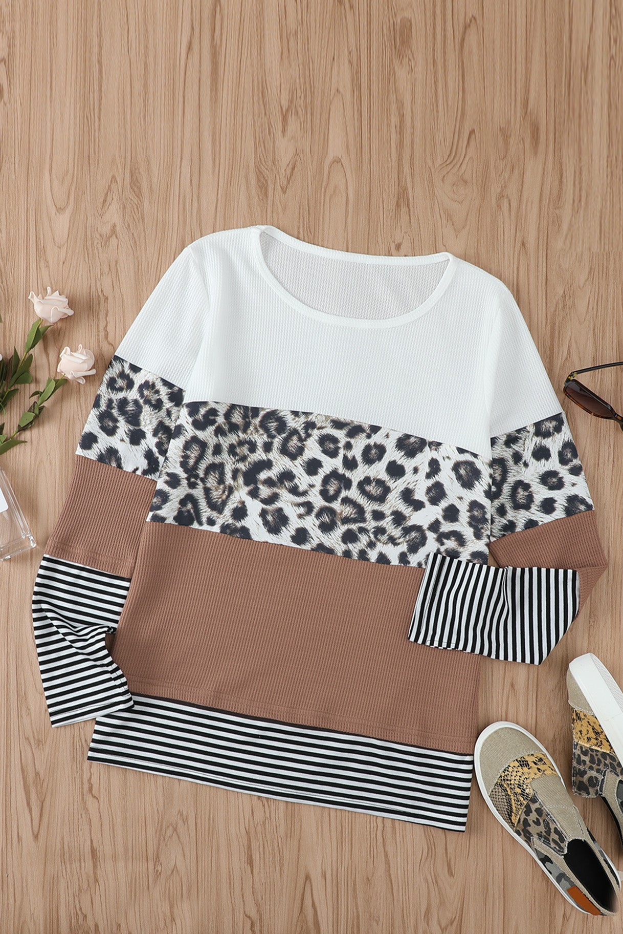 Orange Stripes Leopard Splicing Colorblock Long Sleeve Top featuring trendy color blocking and leopard print accents.