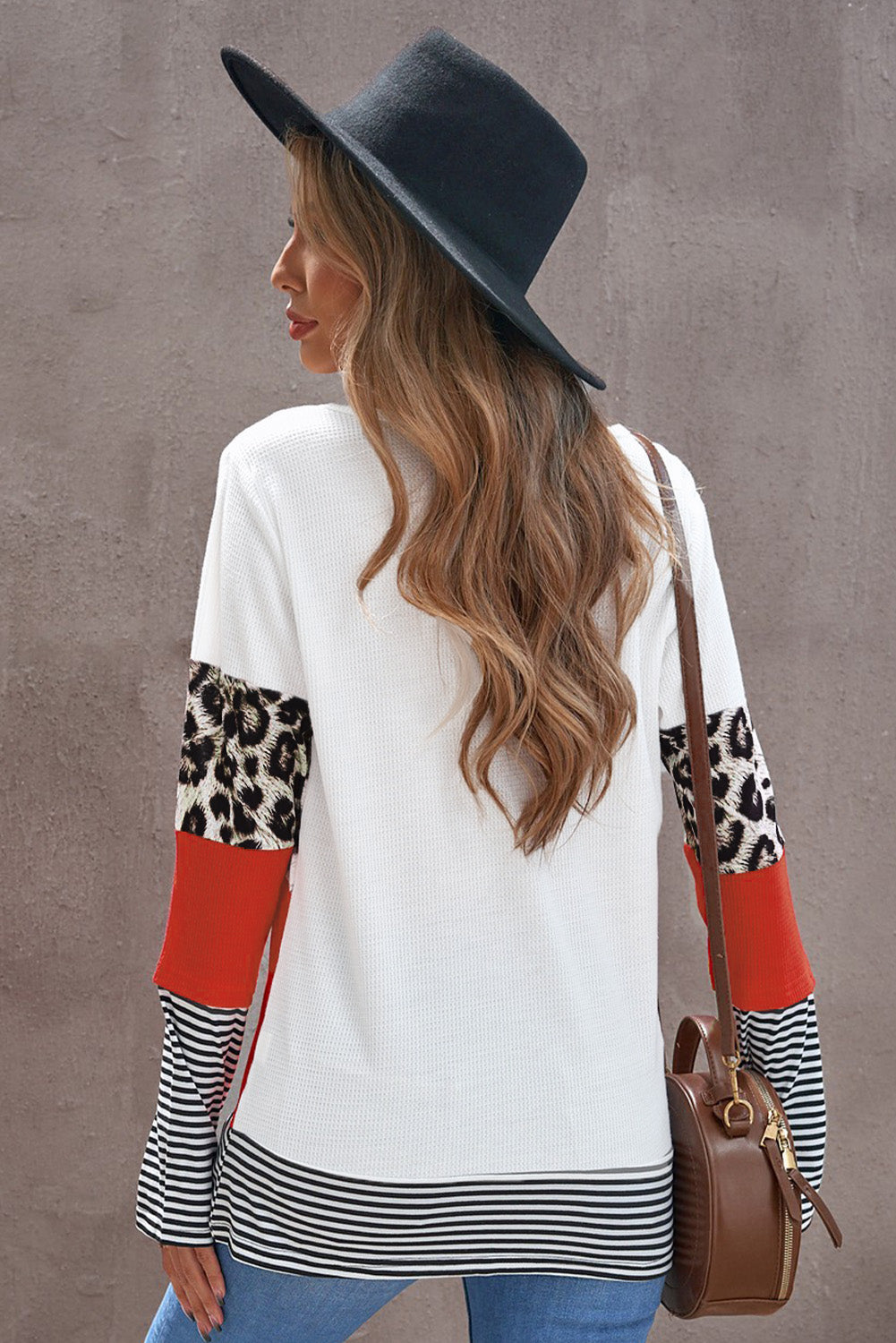 Orange Stripes Leopard Splicing Colorblock Long Sleeve Top featuring trendy color blocking and leopard print accents.