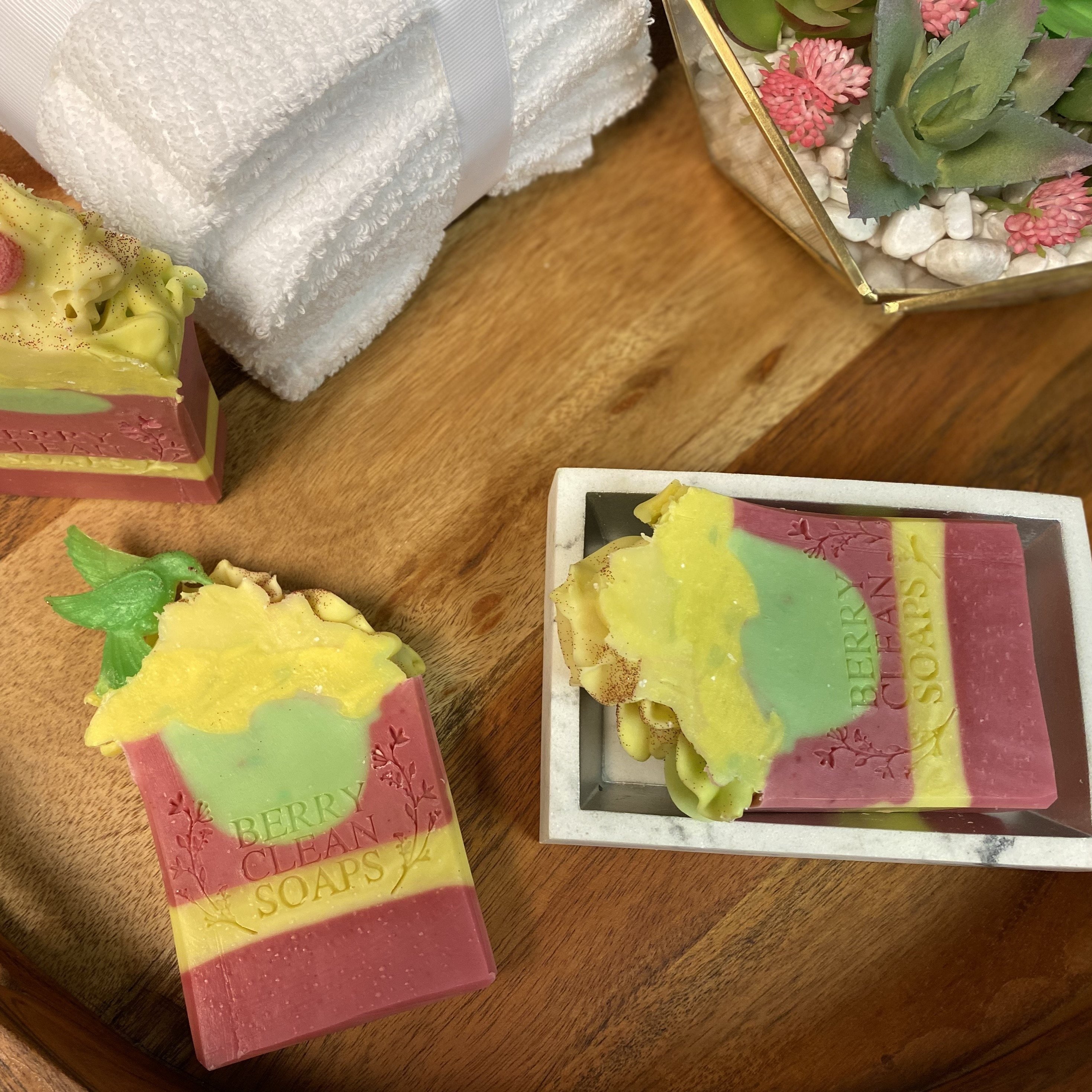 Orchard Apple Soap with a fresh apple scent, featuring a creamy texture and vibrant colors from natural mica.