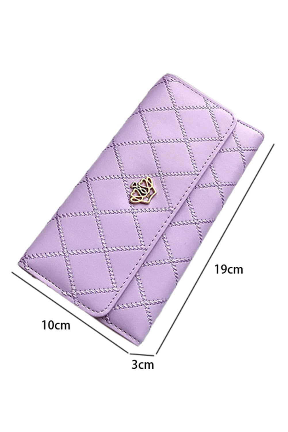 Orchid Petal Crown Decor Quilted Trifold Clutch in faux leather, featuring an elegant design with a quilted texture and decorative crown.