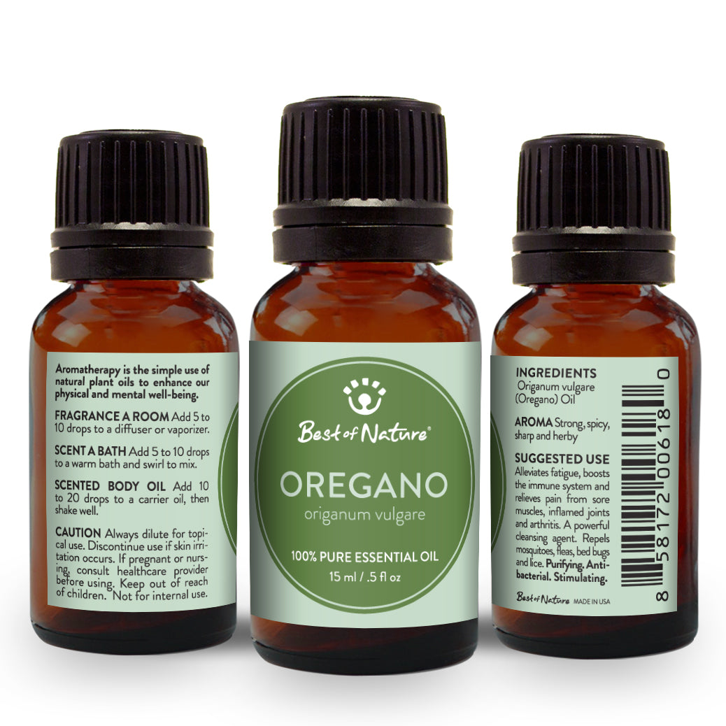 Bottle of 100% pure oregano essential oil with fresh oregano leaves in the background.