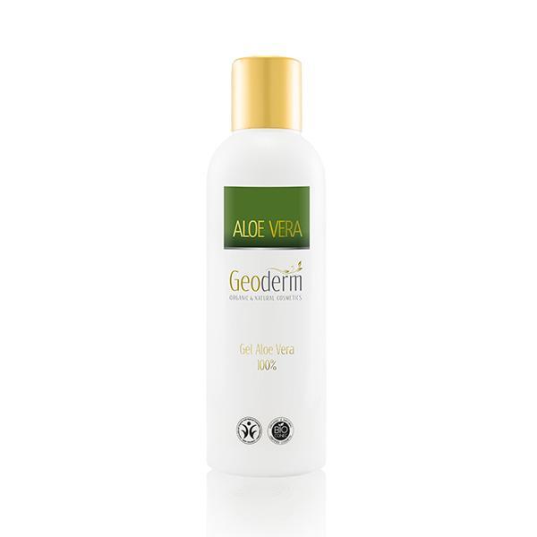 A bottle of Organic 100% Aloe Vera Gel with a green label, showcasing its natural ingredients and hydrating properties.