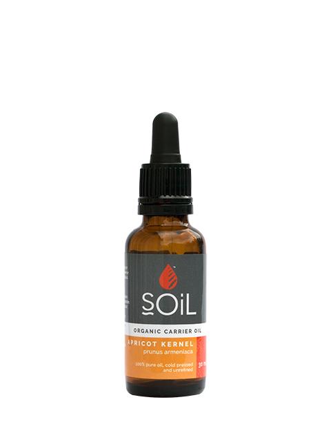 30ml bottle of Organic Apricot Kernel Oil with pipette, certified organic and vegan.