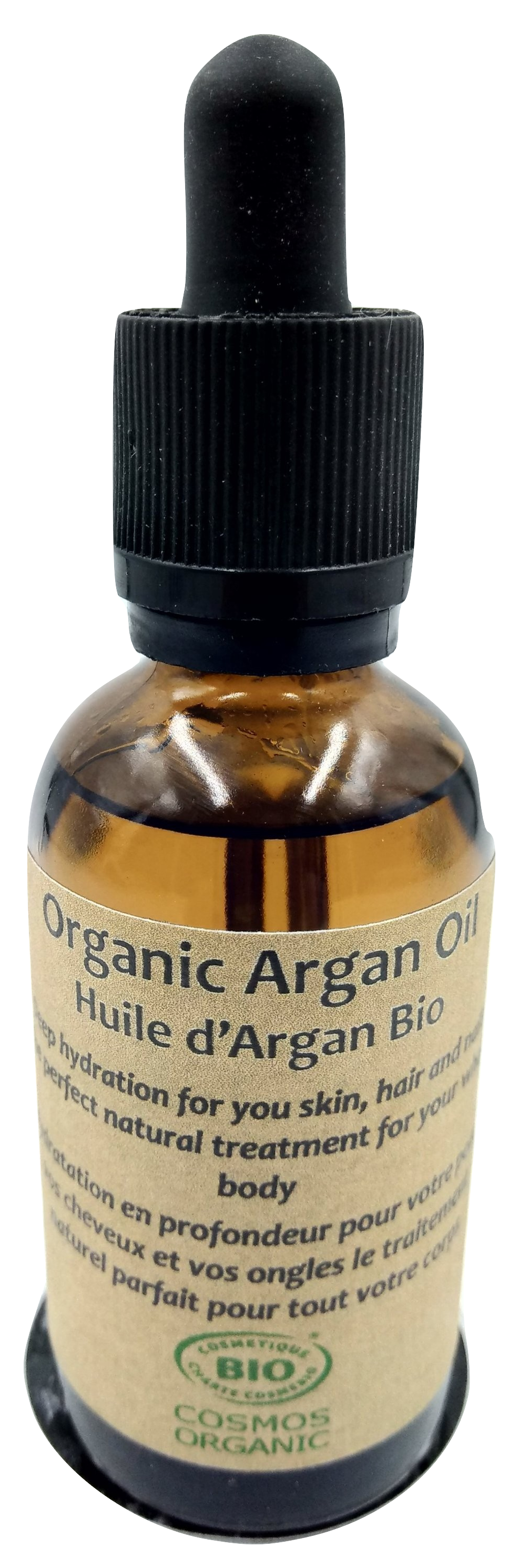 A bottle of Organic Argan Oil 50ml, showcasing its rich golden color and elegant packaging, ideal for skincare and haircare.