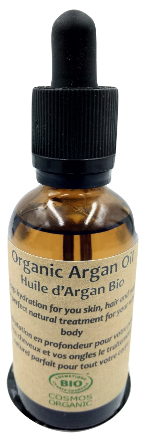 A bottle of Organic Argan Oil 50ml, showcasing its rich golden color and elegant packaging, ideal for skincare and haircare.