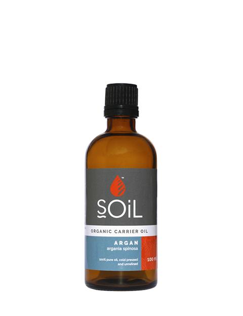 100ml bottle of Organic Argan Oil with a label indicating it's pure and certified organic.