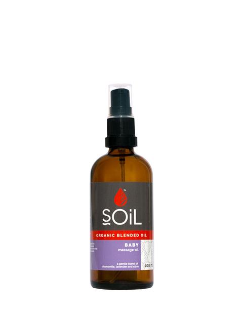 A 100ml bottle of Organic Baby Blended Oil featuring a soothing blend of Chamomile and Lavender for gentle baby massage.