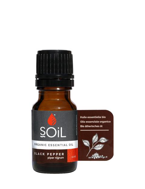 10ml bottle of Organic Black Pepper Essential Oil with a warm and spicy aroma, ideal for aromatherapy and massage.