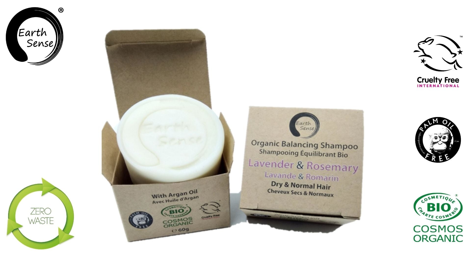 Organic Certified Balancing Solid Shampoo bar with Lavender and Rosemary, ideal for dry hair, displayed on a natural wooden background.