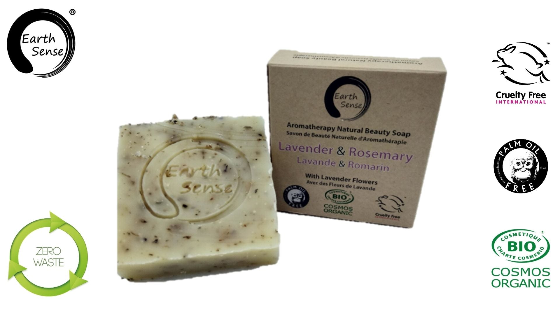 Organic Certified Solid Soap in Lavender & Rosemary, showcasing its natural ingredients and beautiful lavender flowers.