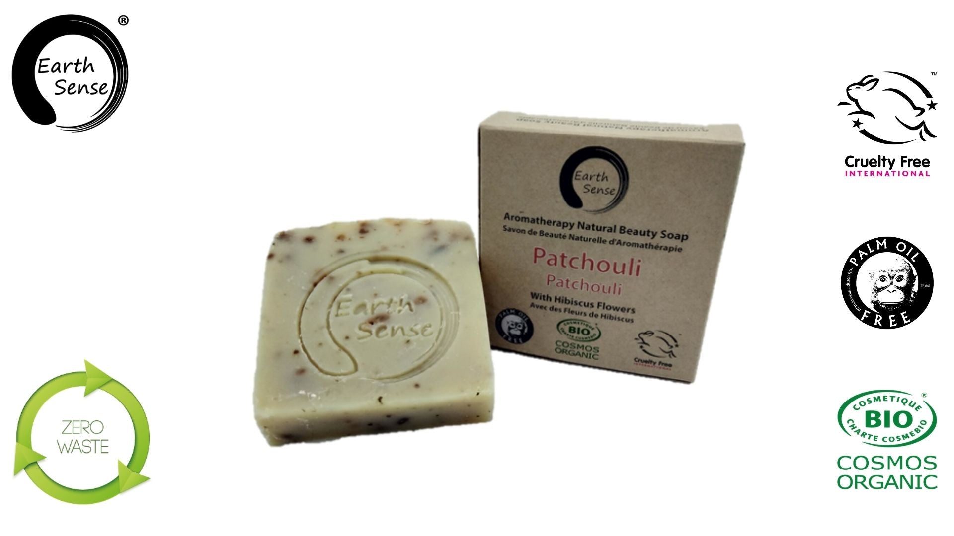 Organic Certified Solid Soap with Patchouli and Hibiscus Flowers, showcasing its natural ingredients and eco-friendly packaging.