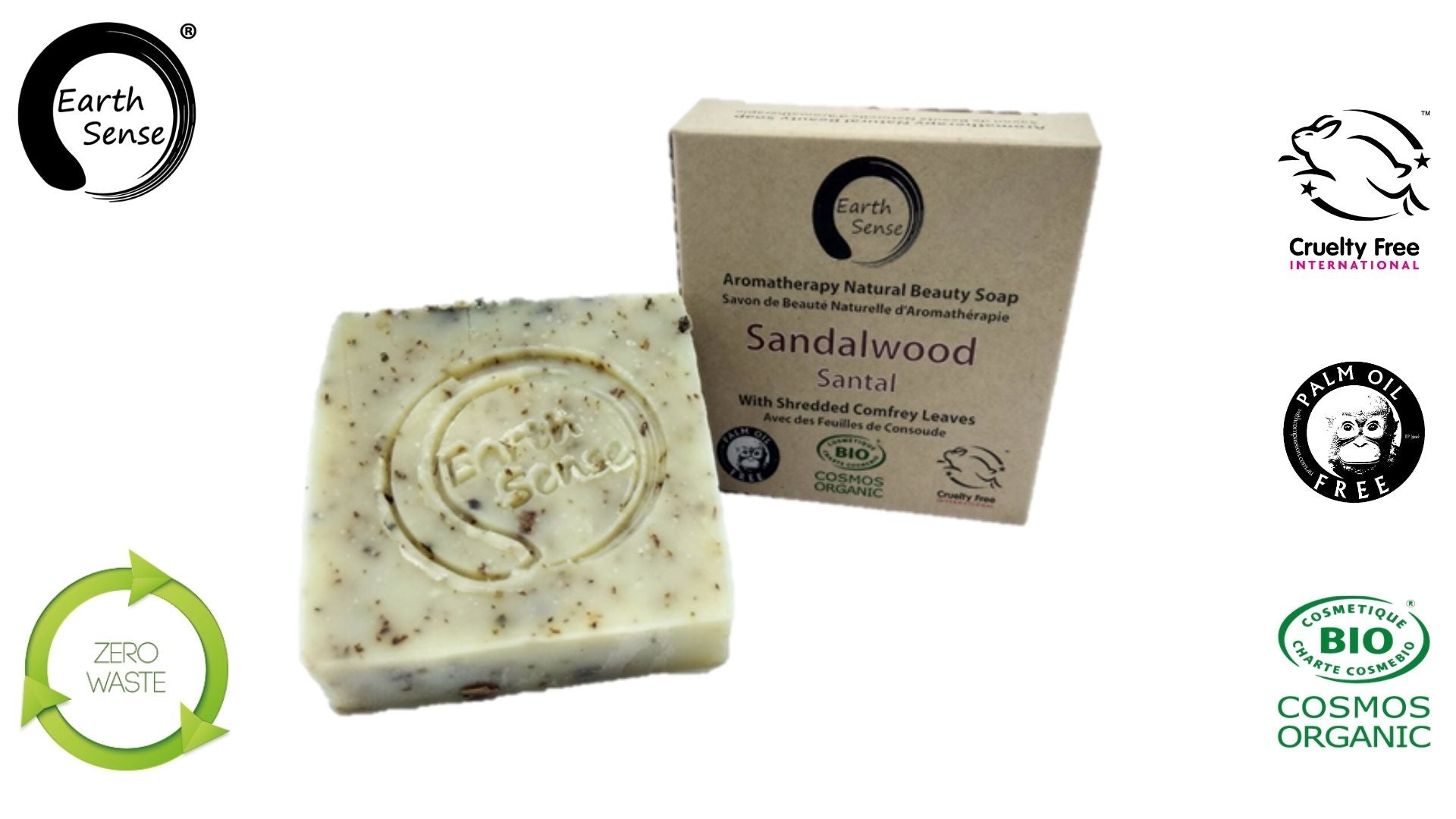 Organic Certified Solid Soap with Sandalwood and Shredded Comfrey Leaves, showcasing its natural ingredients and eco-friendly packaging.