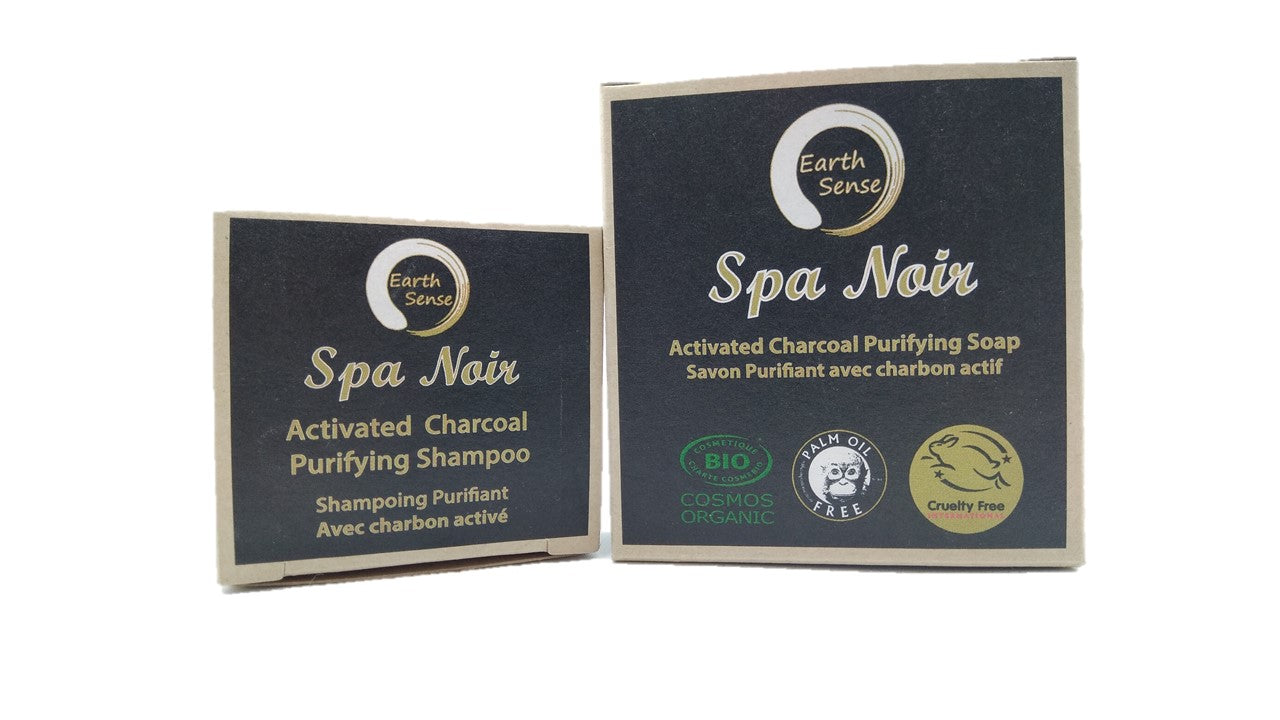 Organic Certified Spa Noir Solid Soap with activated charcoal and mint, showcasing its natural ingredients and eco-friendly packaging.