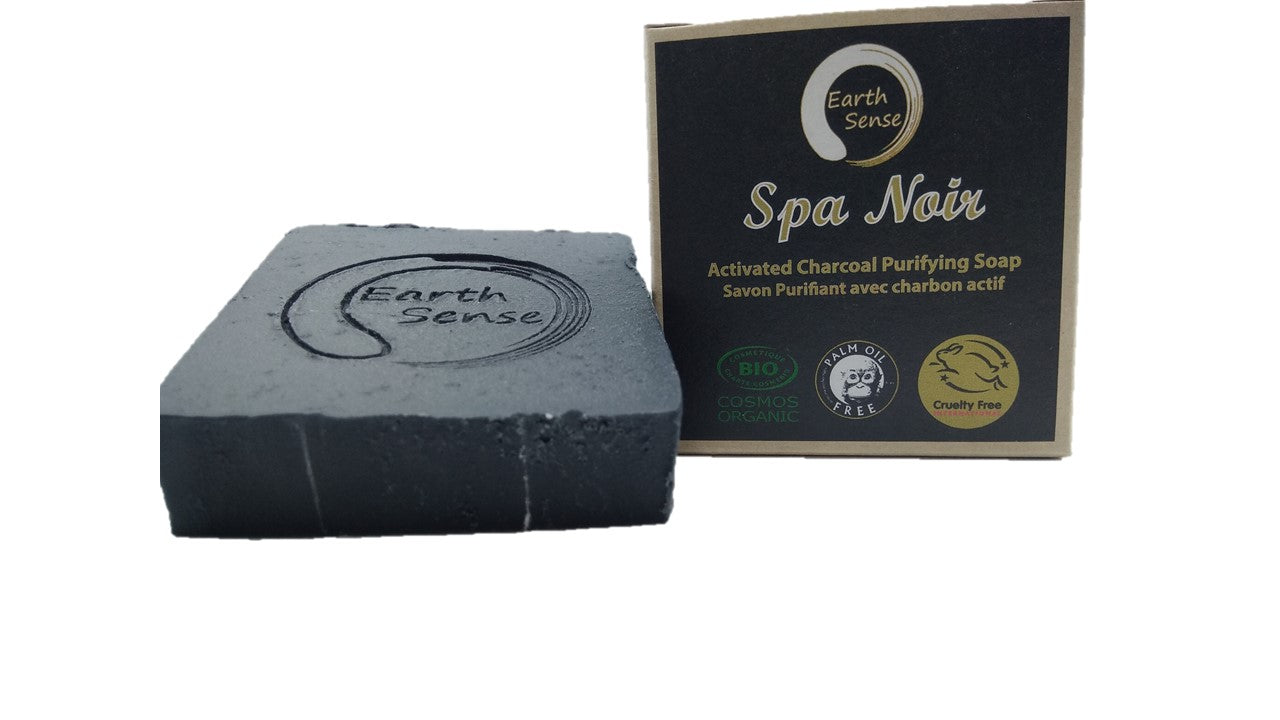 Organic Certified Spa Noir Solid Soap with activated charcoal and mint, showcasing its natural ingredients and eco-friendly packaging.