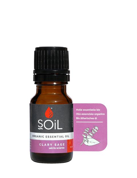 A 10ml bottle of Organic Clary Sage Essential Oil with a musky herbaceous aroma, ideal for aromatherapy and relaxation.