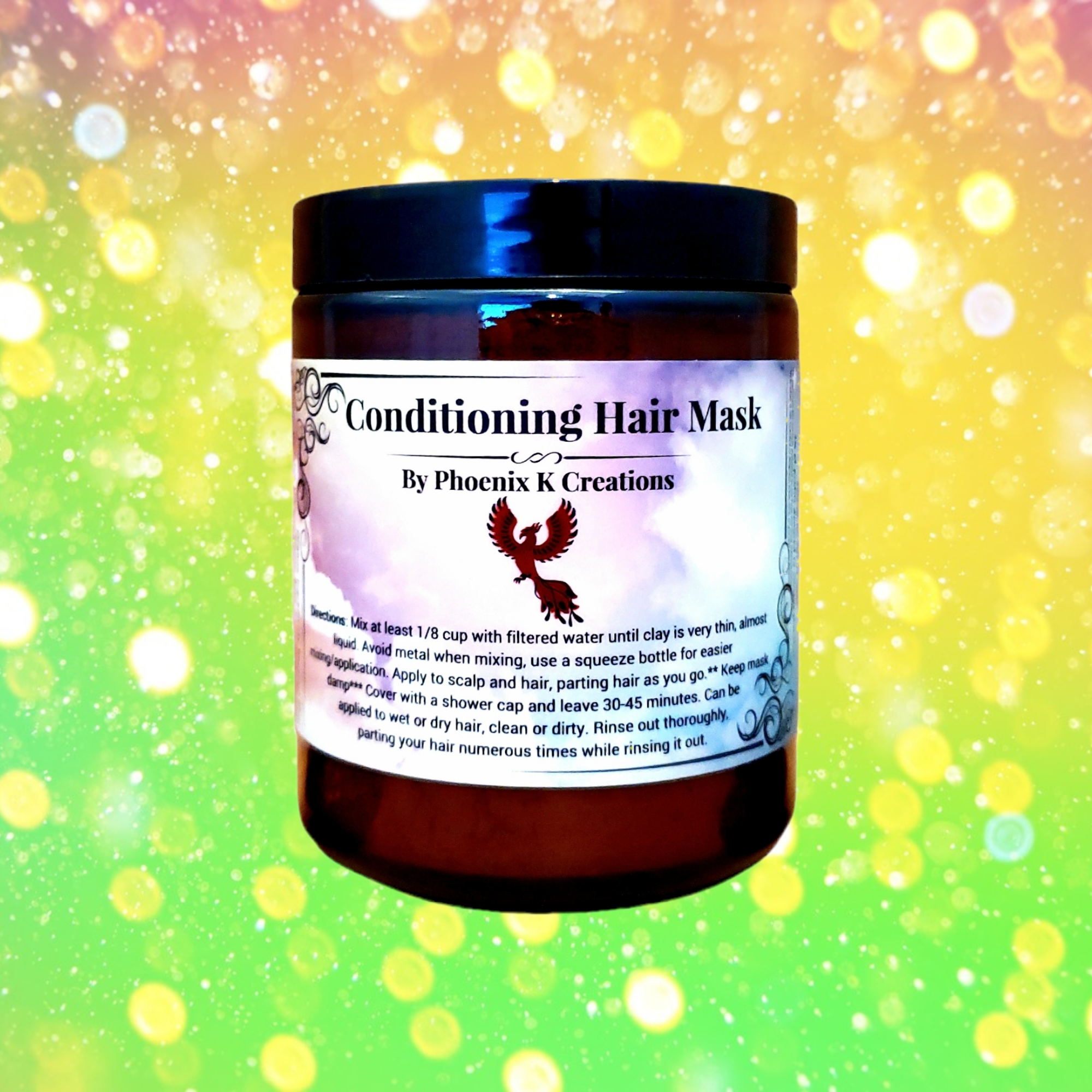 Organic Conditioning Hair Mask in an amber glass jar, showcasing its rich clay texture and natural ingredients.