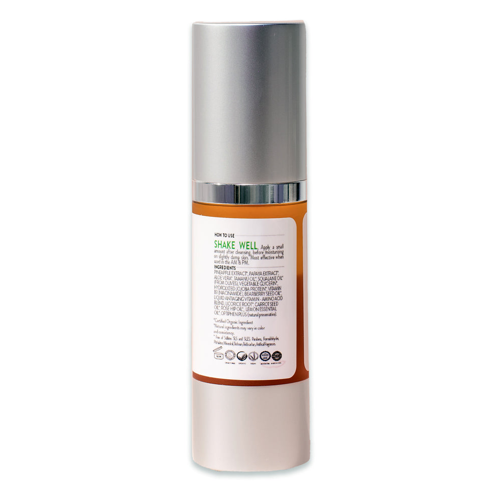 A bottle of Organic Dark Spot Serum with a dropper, surrounded by natural ingredients like Bearberry leaves and vitamins.