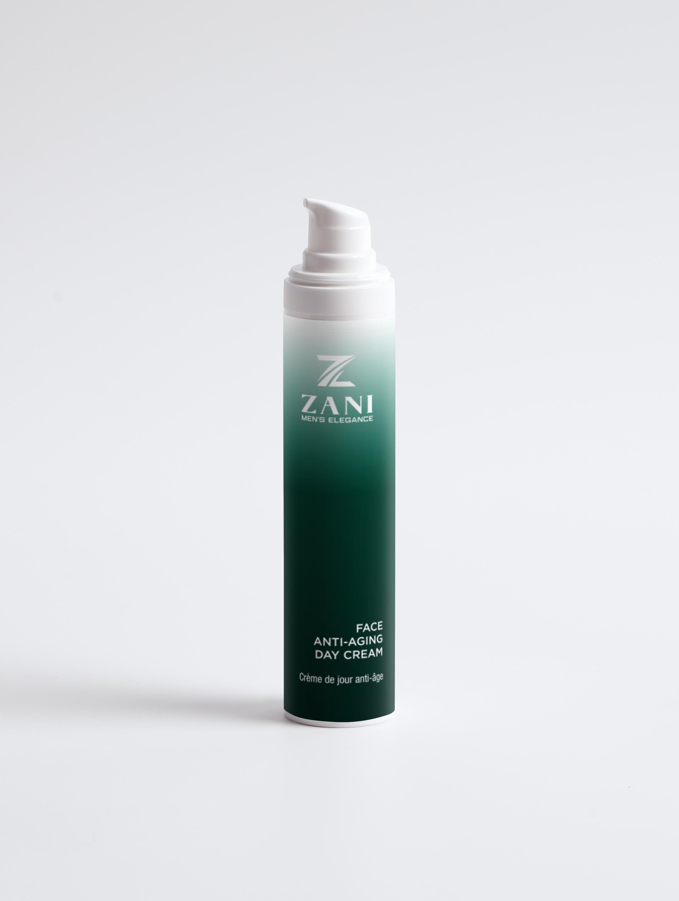 Zani Organic Face Anti-Aging Day Cream in a sleek container, showcasing its natural ingredients and elegant design.