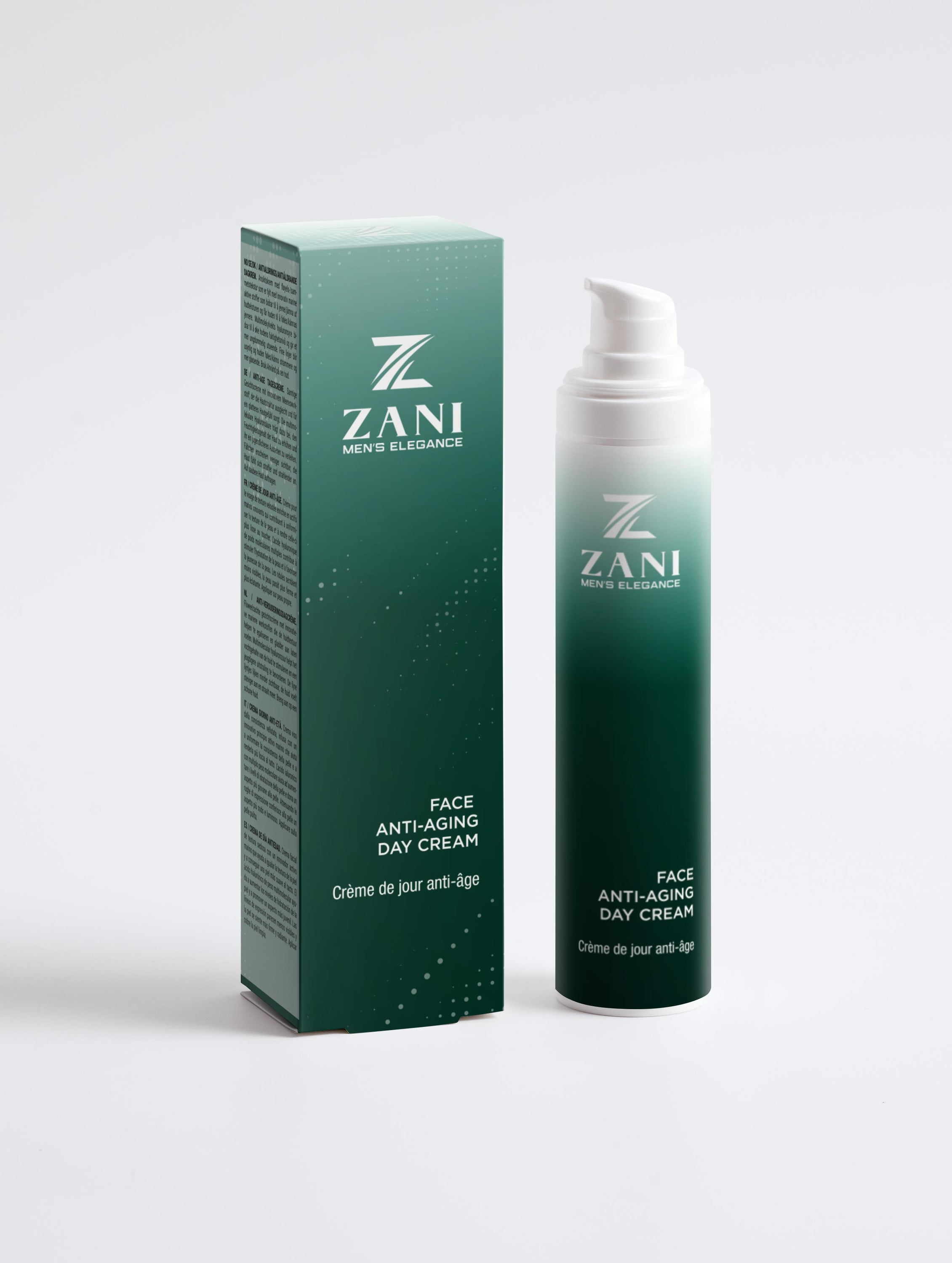 Zani Organic Face Anti-Aging Day Cream in a sleek container, showcasing its natural ingredients and elegant design.