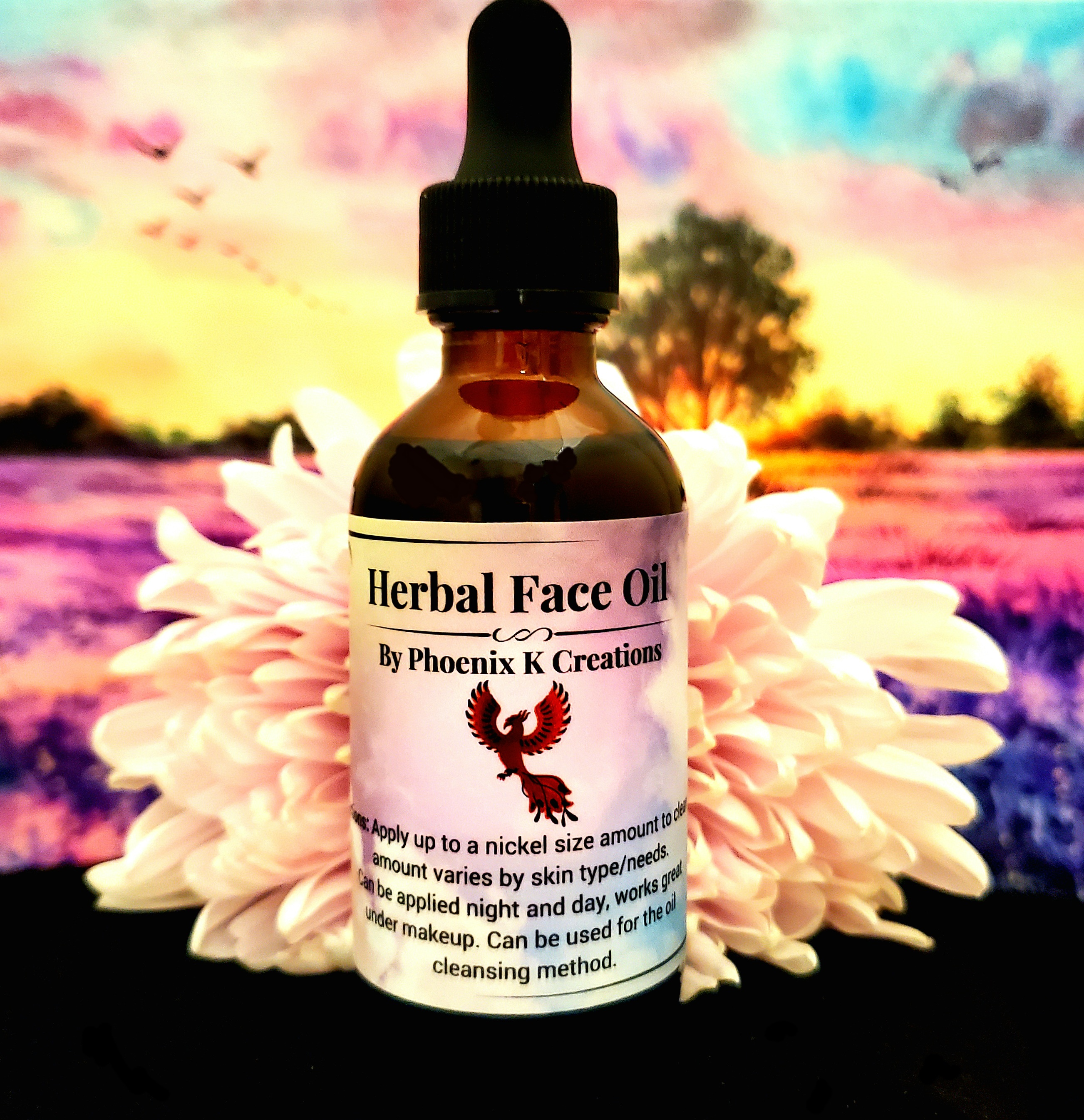 A 1 oz bottle of Organic Herbal Facial Oil with a dropper, surrounded by fresh herbs and natural ingredients, showcasing its organic and nourishing properties.