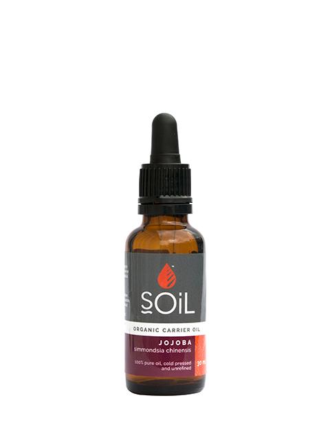 30ml bottle of Organic Jojoba Oil with pipette, showcasing its purity and organic certification.