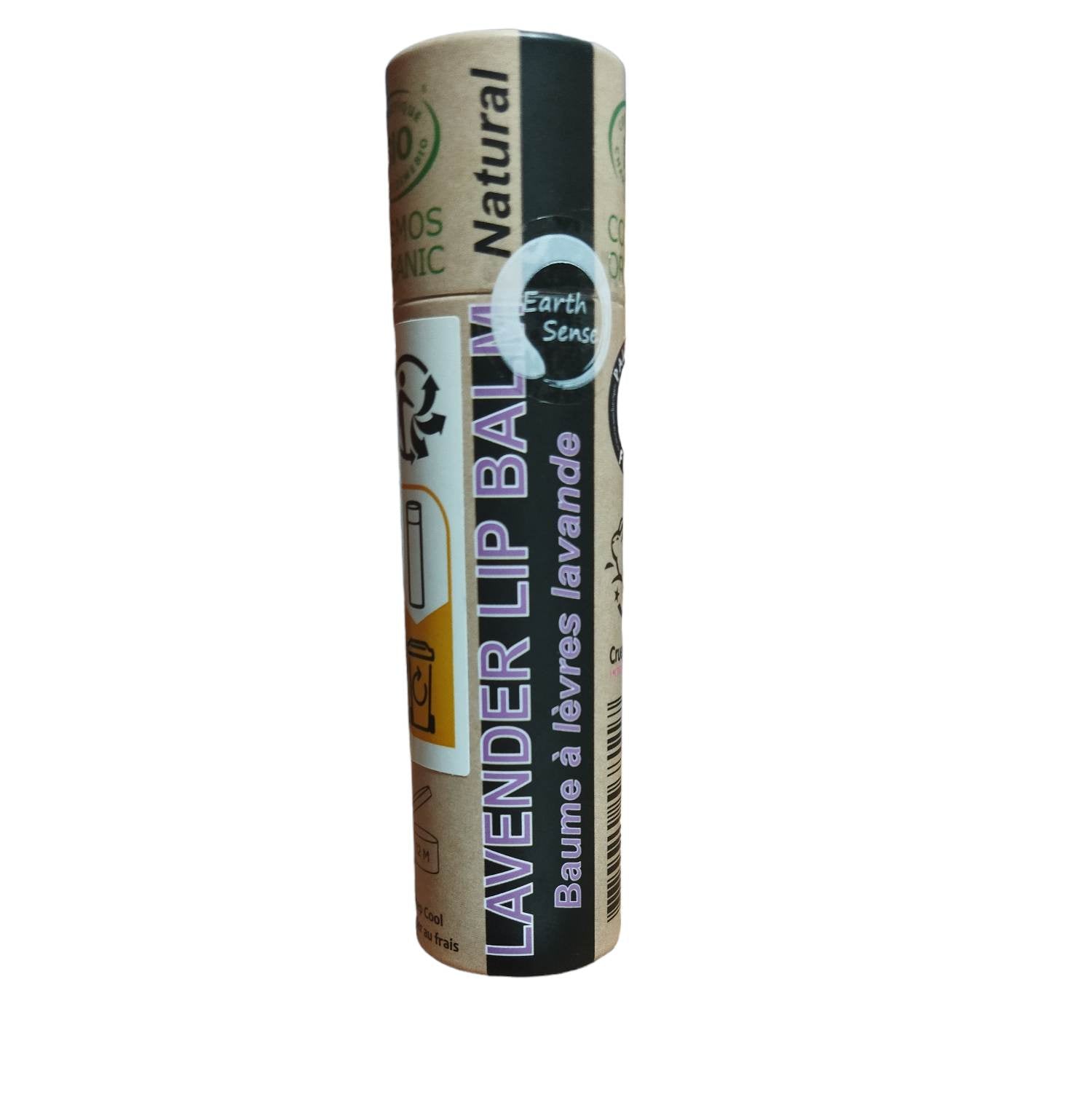 Organic Lavender Lip Balm in a paper tube, showcasing its natural ingredients and eco-friendly packaging.