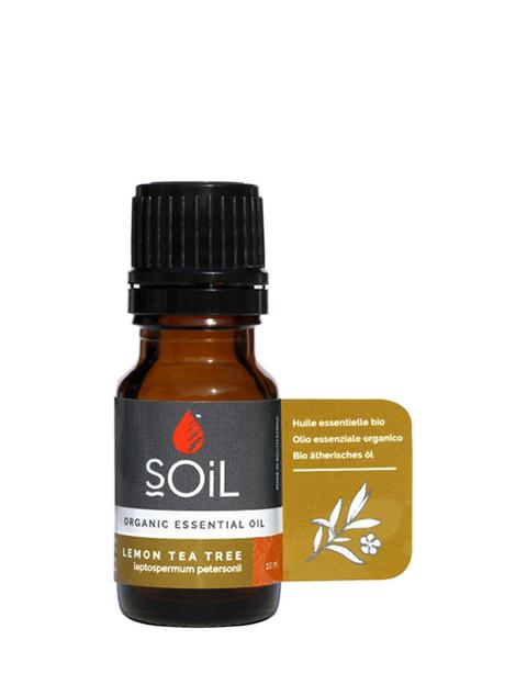 A 10ml bottle of Organic Lemon Tea Tree Essential Oil with a refreshing lemon scent, certified organic and cruelty-free.