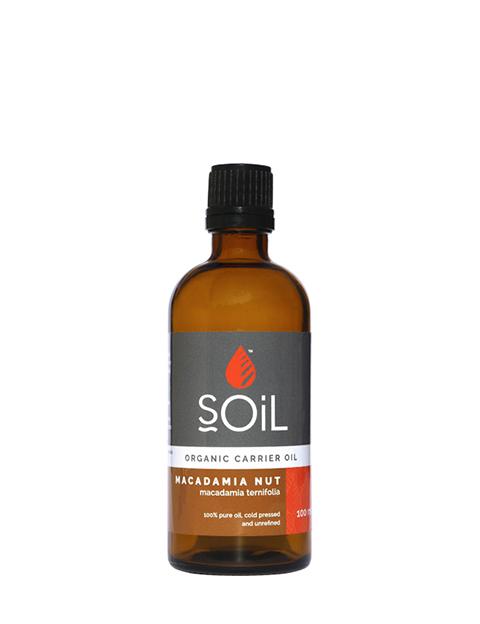 A 100ml bottle of Organic Macadamia Nut Oil, showcasing its elegant design and purity, ideal for skincare and massage.