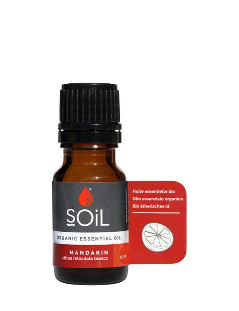 A 10ml bottle of Organic Mandarin Essential Oil with a bright orange label, showcasing its refreshing citrus scent and organic certification.