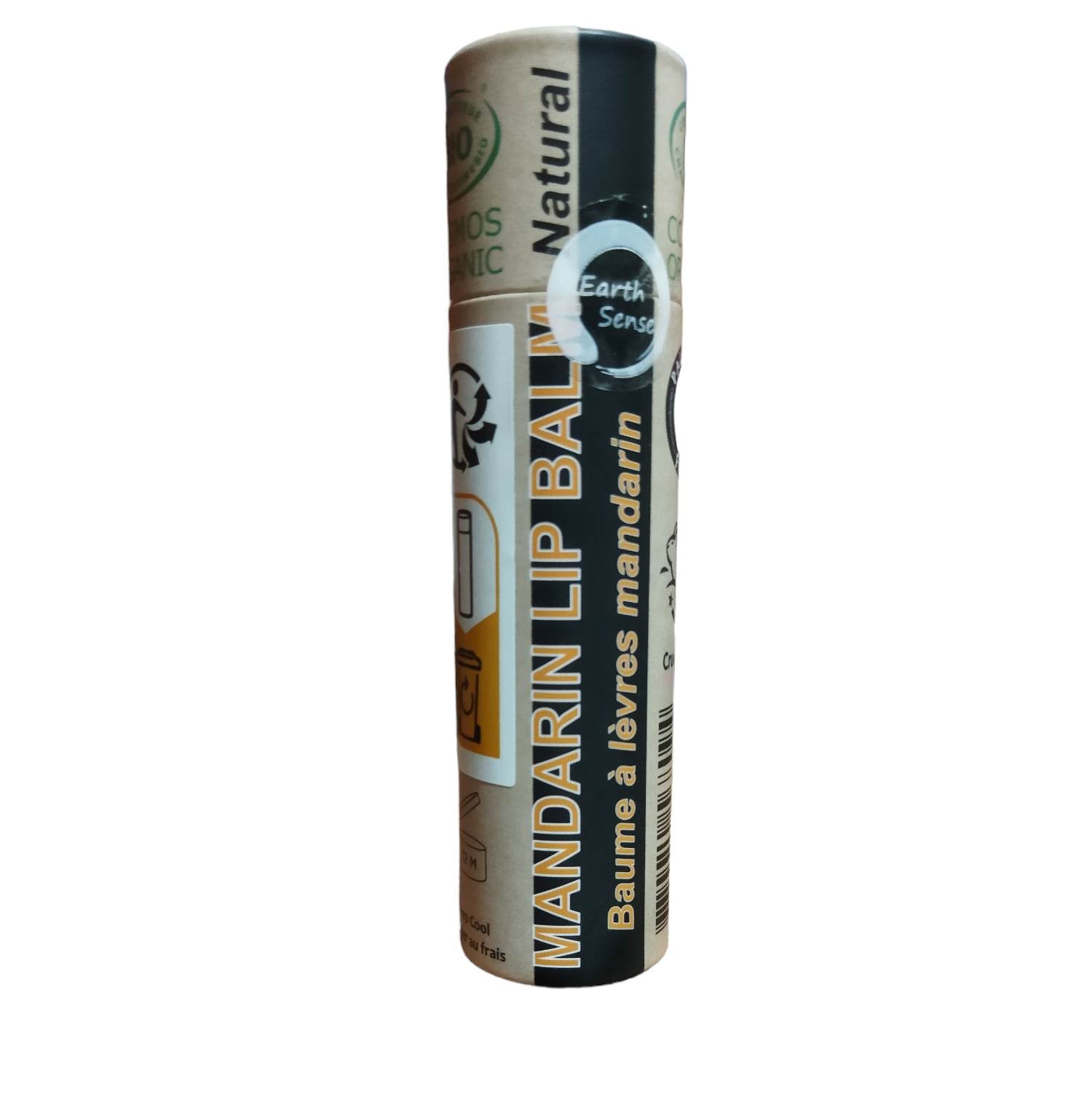 Organic Mandarin Lip Balm in a paper tube, showcasing its natural ingredients and eco-friendly packaging.