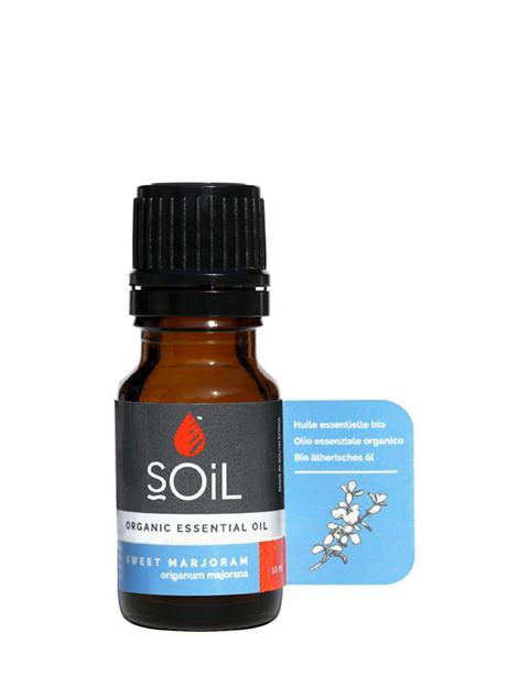 10ml bottle of Organic Marjoram Essential Oil with a warm, inviting label, showcasing its purity and organic certification.