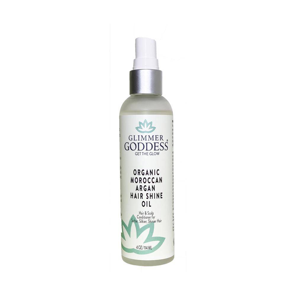 Bottle of Organic Moroccan Argan Oil Hair Shine Spray with a sleek design, showcasing its nourishing properties for healthy, shiny hair.